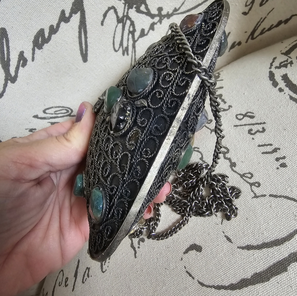 Embellished Filigree Metal Crossbody Bag with Gem Accents - Silver - Picture 5 of 9